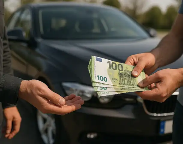 Ein zufriedener Kunde erhält eine Barauszahlung für sein Fahrzeug beim Autoankauf in Backnang.